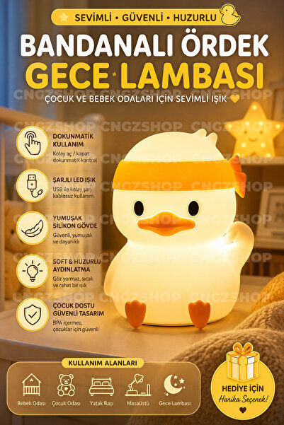 CNGZSHOP Çocuk Bebek Odası Bandanalı Ördek Figürlü Gece Lambası LED Işık Sevimli Dokunmatik Şarjlı Silikon La