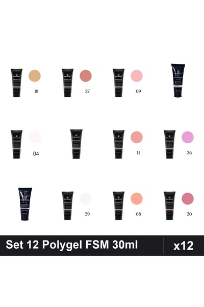 FSM Set 12 Polygel 30ml - Nr.01, Nr.04, Nr.08, Nr.09, Nr.11, Nr.18, Nr.20, Nr...