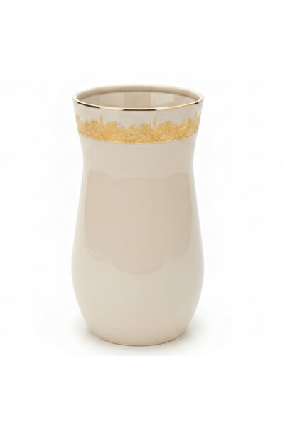 Otantik Atheer Cream Ceramic Flower Vase | Gold Arabesque Band | 25×14 cm
