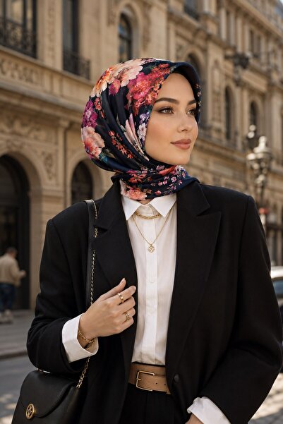 Vissona %100 Twill İpek Büyük Bahar Çiçekleri Desenli Lacivert Renkli 90x90 E...