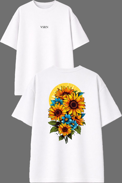 VSRN Tricou oversize alb cu imprimeu față și spate, design galben floarea-soa...