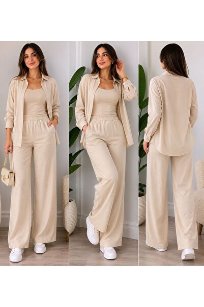 Pozitif Ayrobin Fabric 3-Piece Comfortable Cut Set - Shirt, Strappy Tank Top ...