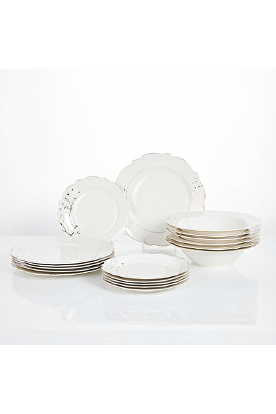 Malooki Lifetree 18-piece porcelain dinner set, white with gold branches, 6 p...