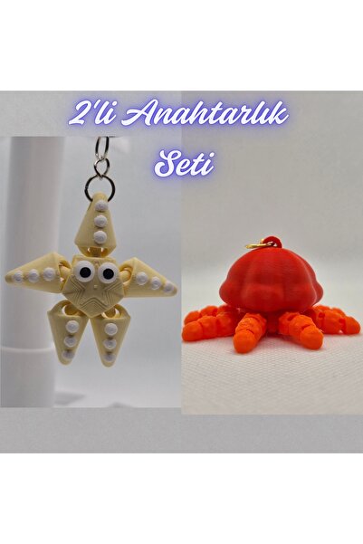 3DAtölyeMaker Light Yellow Moving Starfish and Orange Moving Jellyfish Keychain
