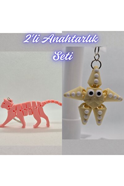 3DAtölyeMaker Light Pink Flexible Cat and Light Yellow Moving Starfish Keychain
