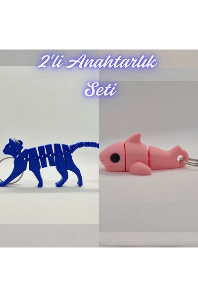 3DAtölyeMaker Blue Flexible Cat and Light Pink Flexible Shark Keychain