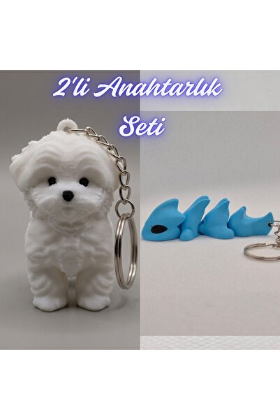 3DAtölyeMaker White Maltese Terrier and Light Blue Flexible Dragon Keychain