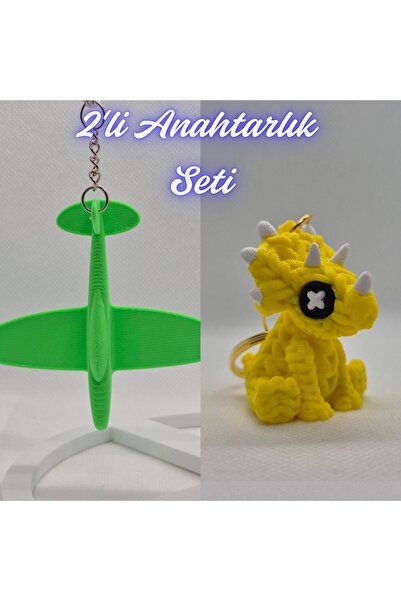 3DAtölyeMaker Green Airplane and Yellow Knitted Pattern Triceratops Keychain