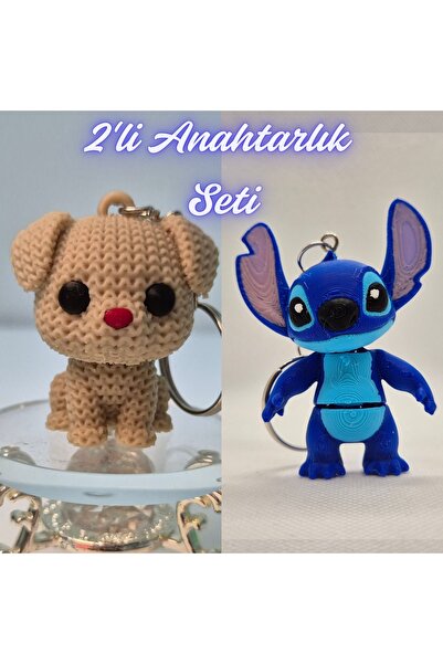 3DAtölyeMaker Cream Knitted Patterned Dog and Blue Flexible Stitch Keychain