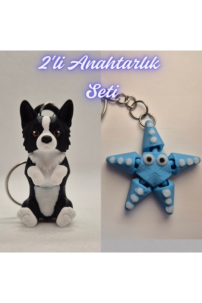 3DAtölyeMaker Black Border Flexible Dog and Light Blue Moving Starfish Keychain