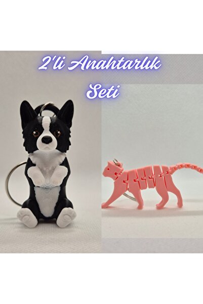 3DAtölyeMaker Black Border Flexible Dog and Light Pink Flexible Cat Keychain