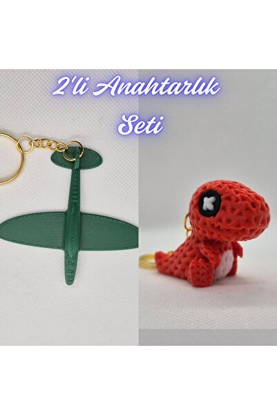 3DAtölyeMaker Dark Green Airplane and Red Knitted Pattern Moving Dino Keychain