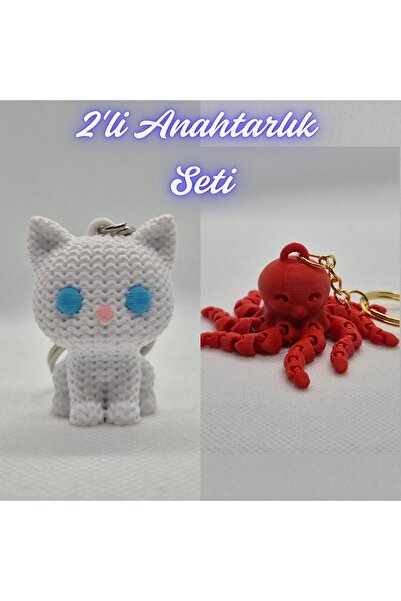 3DAtölyeMaker White Knitted Patterned Cat and Pink Octopus Keychain