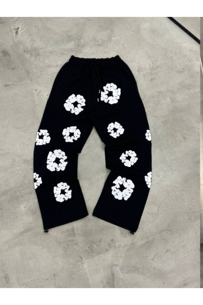 m.baba Oversize Siyah - 3D Puff Kabarık Çiçek Baskılı Pamuklu