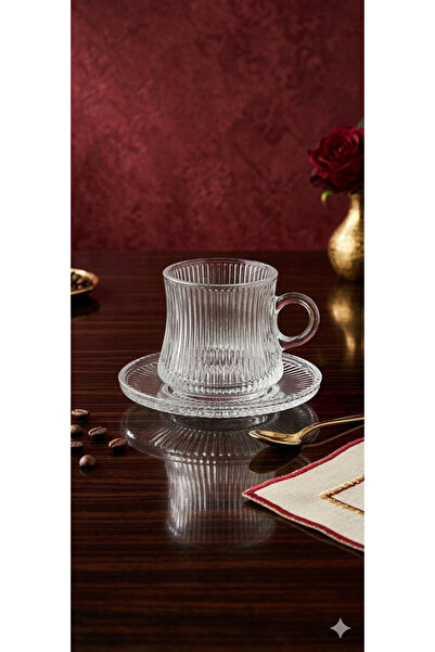 çukurova home Modern Cam Kulplu ve Tabaklı Çay - Kahve Seti ( 150 ml ) 6 Adet
