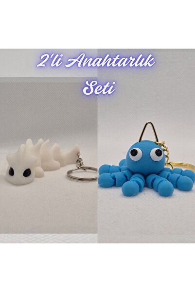 3DAtölyeMaker White Flexible Dragon and Light Blue Confused Octopus Keychain