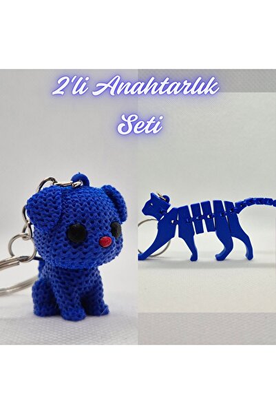 3DAtölyeMaker Blue Knitted Patterned Dog and Blue Flexible Cat Keychain