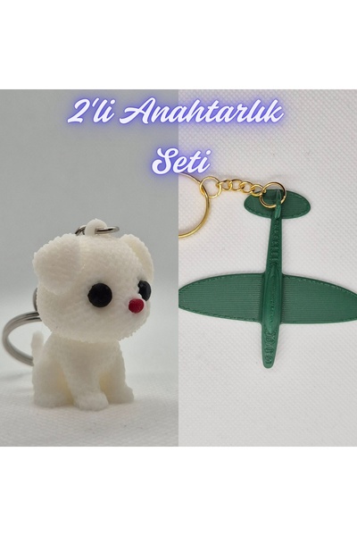 3DAtölyeMaker White Knitted Patterned Dog and Dark Green Airplane Keychain