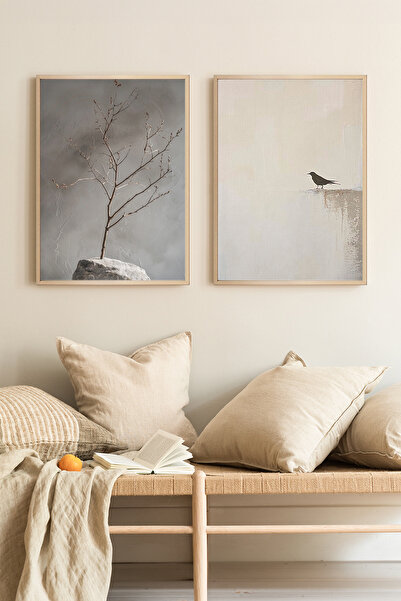 Muyika Design Ahşap Çerçeveli Tablo Seti Wabi Sabi Tasarım Minimalist Çizgi S...