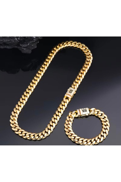 Cuban Set Bărbătesc Placat cu aur de 24K Lanț + Brățară Model Superb