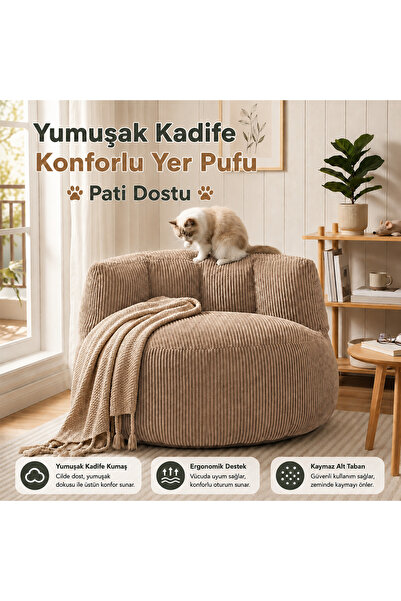 puffiber Premium Yer Pufu Fitilli Kadife Tek Kişilik Relax Koltuk 94x76 Cm