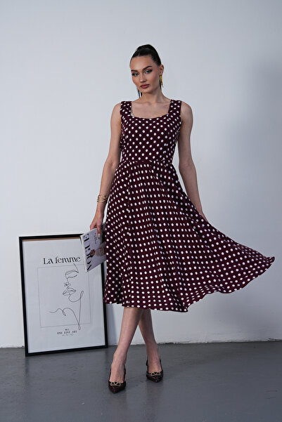 NAVY Strappy Square Neck Polka Dot Patterned Midi Dress