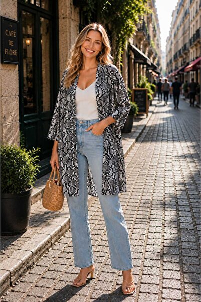 moonra collection Desenli Trend Midi Boy Krep Kimono