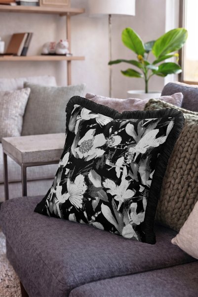 IdeCraft Black and White Floral Patterned Fringed Throw Pillow Cover - Black Tassel Living Room Pillow Cover