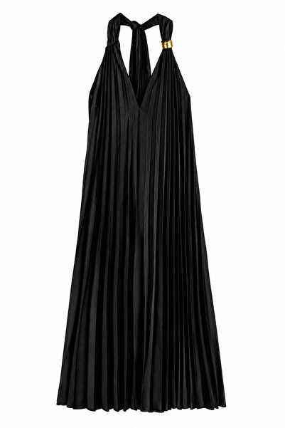 HAZELANNA Pleated Black Dress with Gold Accessories