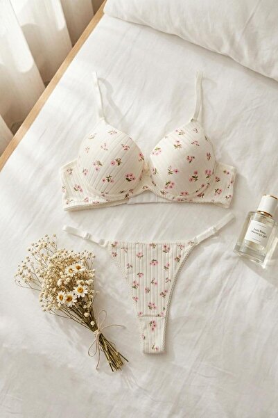 lamelif Ribbed Floral Patterned Supportive Bra Set Ecru Pink
