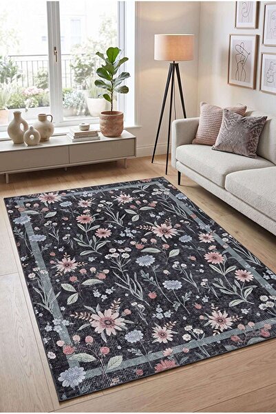 ARTLOOP Florart Siyah Çiçek Desenli Dokuma Tabanlı Modern Şönil Halı AL 538