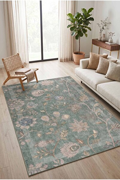 ARTLOOP Florart Yeşil Çiçek Desenli Dokuma Tabanlı Modern Şönil Halı AL 543