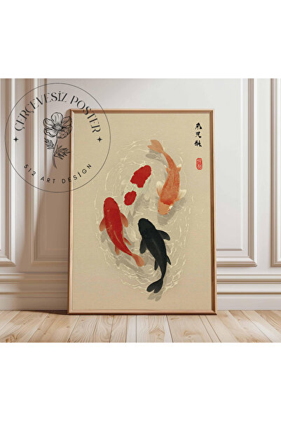 512 STORE Japon Koi Denge Balıkları Vintage Tasarım İllüstrasyon Kuşe Kağıt Ç...