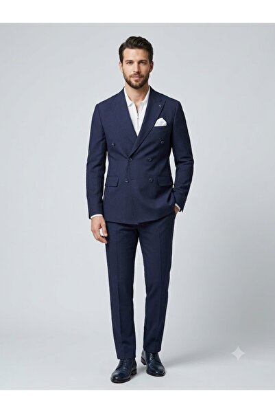 centilmen Mcr Men's Slim Fit Navy Blue Double-Breasted Jacket 41431