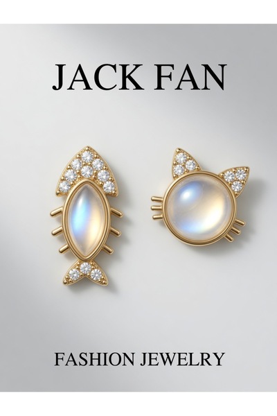 AlminaMia Jack Fan Gold Plated Cat's Eye Stone Cat Fish Earrings Asymmetrical...