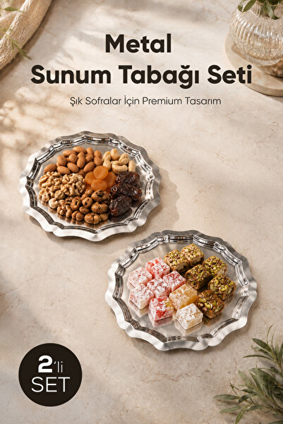 Vienev 2'li Metal Sunum Tabağı Seti 24 cm - çiçek dekor sunum tepsi