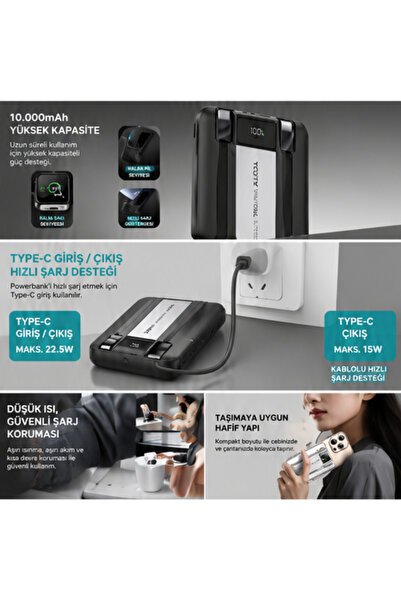 Totu PB-1019 10000 mAh Standlı ve Kendinden Kablolu 20W PD QC 3.0 MagSafe Manyetik Kablosuz Hızlı Şarj Destekli Slim Powerbank