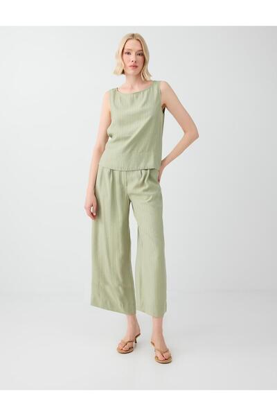 Jimmy Key Khaki Boat Neck Sleeveless Striped Modal Woven Blouse