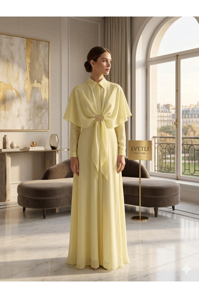 Sevitli Brooch Detailed Cape Style Hijab Dress-Yellow