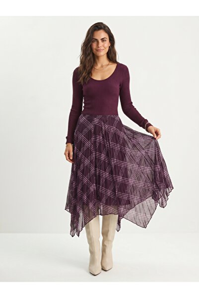 ONLOOX Purple Cotton Blend Midi Length Plaid Patterned Wrinkle Effect Lined C...