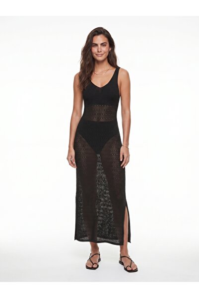 ONLOOX Black Acrylic Textured V-Neck Standard Fit Openwork Slit Detailed Long...