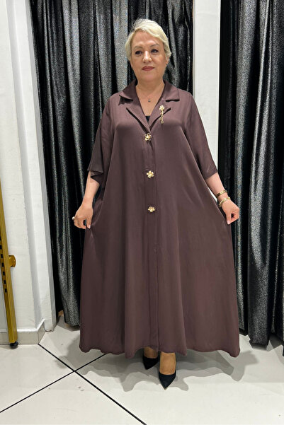 selma Büyük Beden Broş Detaylı Uzun Elbise