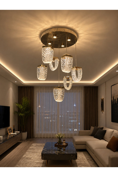 Led YENİ MODEL 7 SARKIT LÜX AVİZE GOLD RENK 3 IŞIK SEÇENEĞİ