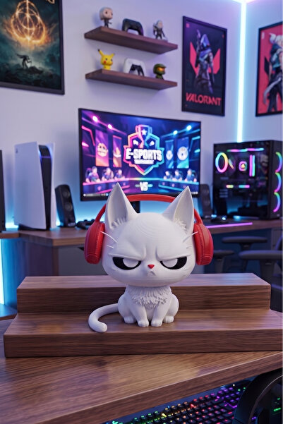 KLYNO Kedi Biblosu - Huysuz Gamer Kedi Biblo - Kulaklıklı Oyuncu Kedi Masa Üs...