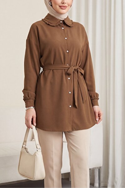 Modamorfo Stoned Buttoned Bow Baby Collar Imported Crepe Tunic - Brown