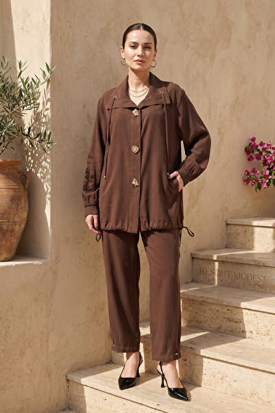 Lale Butik Front Accessory and Buttoned Trouser Suit 26197 Brown