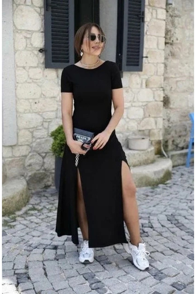 USLUCAN ALIŞVERİŞ Women's Short Sleeve Backless Slit Detailed Viscose Dress