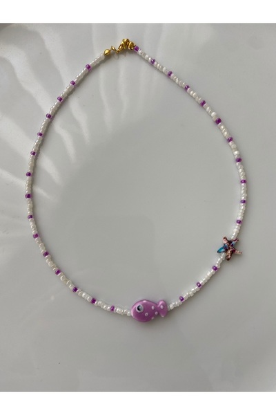 Anetta Jewelry Kadın lila renk balık boncuklu çelik kapama ve kilit kolye