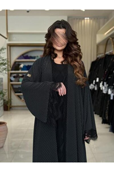 aljmal alraqi abaya عباية دره - بقماش شيفون منقط ابيض دبل فيس وأطراف دانتيل