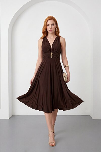 Lafaba Women's Brown Backless Midi Evening Dress with Gold Accessory Detail